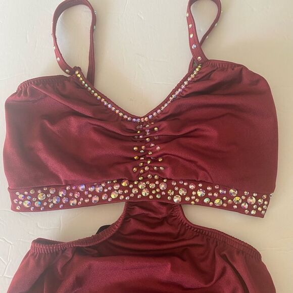 Kelle custom solo rhinestone 2 piece style leotard Dance Costume burgundy red MA - Picture 5 of 11